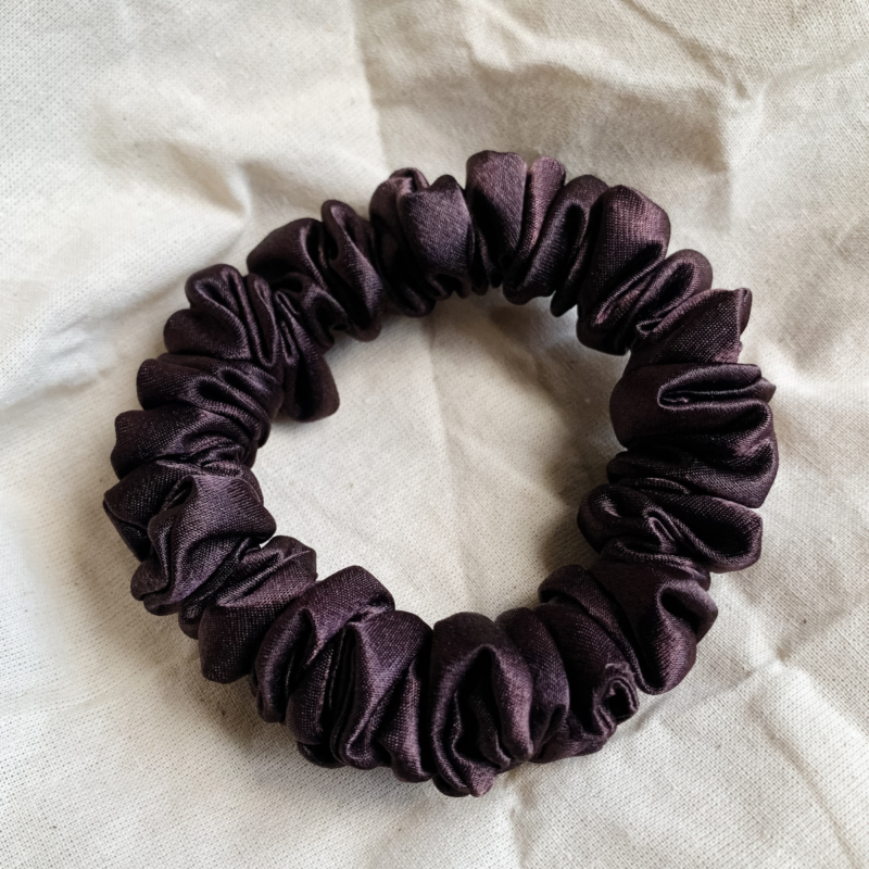 Fresh Brew coffee brown petite scrunchie made from luxe charmeuse satin. Oversized design, approximately twice the size of a standard scrunchie, with a smooth, glossy finish that adds a touch of elegance to any hairstyle.