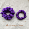 Amethyst scrunchie comparison in royal purple, showcasing two sizes: petite, chunky. The petite scrunchie offers a more delicate, subtle look, the chunky scrunchie adds bold volume. All scrunchies are made from smooth, luxurious charmeuse silk for a glossy, elegant finish.
