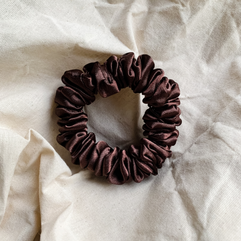 dark brown, melanin, satin scrunchie, hair tie